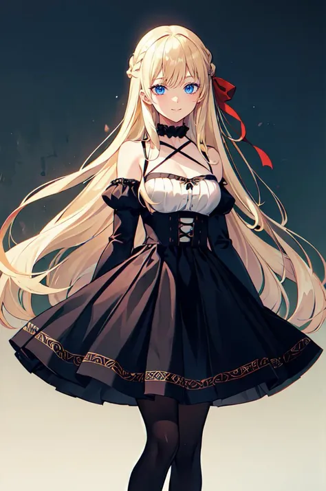 ultra detailed, masterpiece, best quality, solo, soft smile, light smile,
1girl, blue eyes, very long hair, blonde hair, long blonde hair, french braid, bangs, medium breasts,
hair ribbon, frilled choker, criss-cross halter, sleeveless dress, high-waist sk...