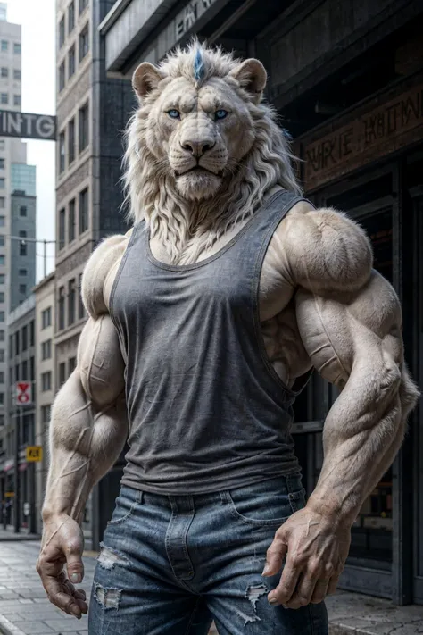 anthropo, white lion (blue eyes:1.4), male, adult, muscular, venous muscles, jeans, ((white male tank top)), looking at viewer, realistic skin, detailed background, background (wild:1.4), hyperrealism , RAW photo, (realism, photorealistic: 1.3), detailed, ...