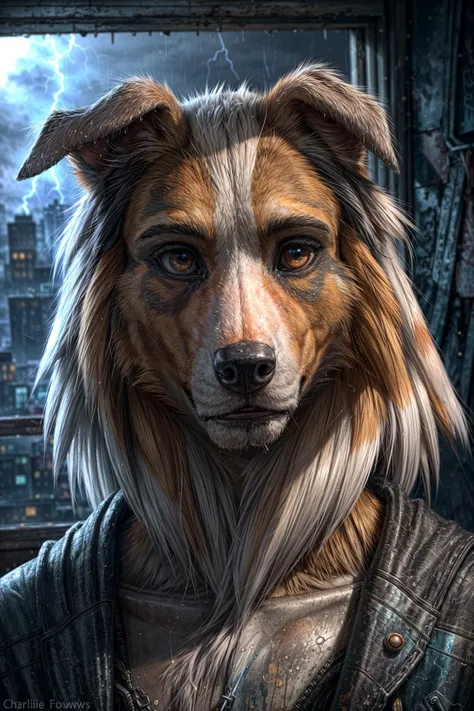 breathtaking oil painting, Anthro male (((rough collie))) with cyberpunk enhancements. In a old rundown cyberpunk house looking outside the window. Lightning strike in the background lighting up the background with rain. Headshot, high detail, 8k,, photore...