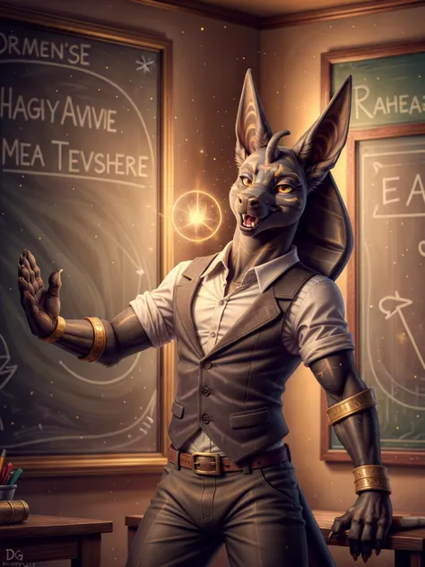 (fantasy art:1.2), male (anubis:1.3), with vest, pants, finger claws, teacher standing in front of a chalkboard, vintage decoration, warm lighting, (magic:1.4), glow, light particles, (happy:1.3), dynamic pose, classroom, elegant, by dimwitdog, by fluff-ke...