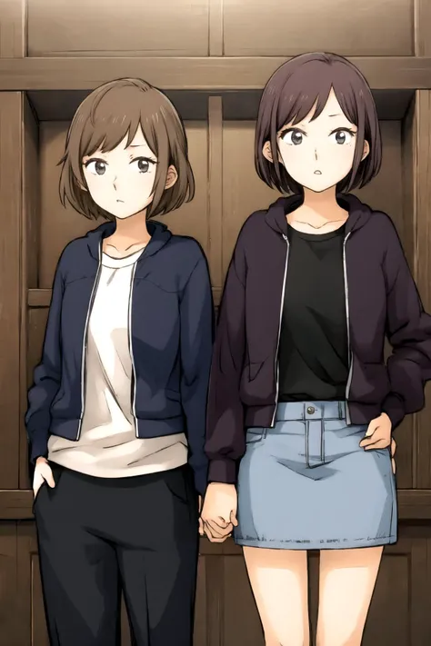 two anime girls standing next to each other in front of a door