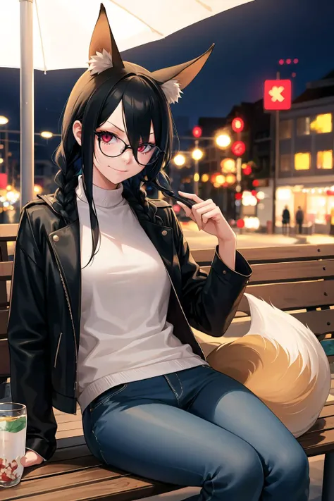 1girl, solo, sidelocks, twinbraids, (black hair), red eyes, smug, smirk, glasses, sitting, bench, partk, at night, long hair, white sweater, leather jacket, (black jacket:1.2), fox girl, fox ears, fox tail, jeans, black tail, <lora:ohisashiburi -Style_6499...