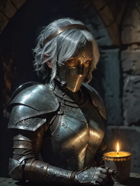 A photograph of a tired old lady knight with grey hair, pale eyes, deep wrinkles, wearing an old damaged suit of filigree (coffee_patina:1.2) oxidized plate armor, in the interior of a dark stone dungeon. (Warm candlelight), soft darkorange glow, artistic ...