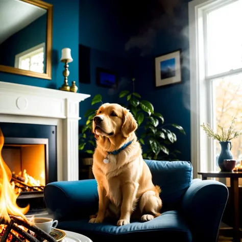 a photo-realistic image of a golden retriever sitting in a cozy (burning:1.2) living room, surrounded by (fire and flames :1.4), depth of field, The dog has a calm expression on its face and is holding a mug of coffee in its paw, while looking directly at ...