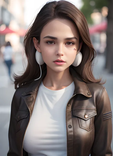 a 19 years old girl, best quality, masterpiece, (realistic:1.2), 1 girl, brown hair, brown eyes,Front, detailed face and breast, beautiful eyes, small breast <lora:koreanDollLikeness_v15:0.1>, white jacket, jeans, fashion, smaller head, fashion girl, wrink...