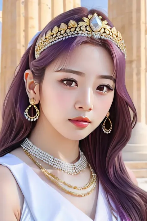 best quality,masterpiece,realistic,1girl,solo,looking at camera,portrait, 
greek temple,
blunt bangs,purple long hair,
white sleeveless greek toga, 
laurel tiara,pearl necklace,jewelry earrings,golden armlet,golden bracelet, 
a photo of kimminji,<lora:Drea...