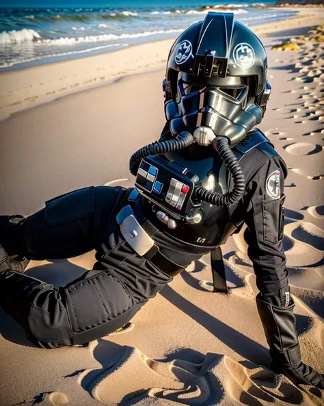 woman in tiepilot suit is lying in a pinup pose <lora:Tiepilotv02:0.8>,helmet,googles.mask,on a beach, RAW photo, 8k uhd, dslr, soft lighting, high quality, film grain, Fujifilm XT3