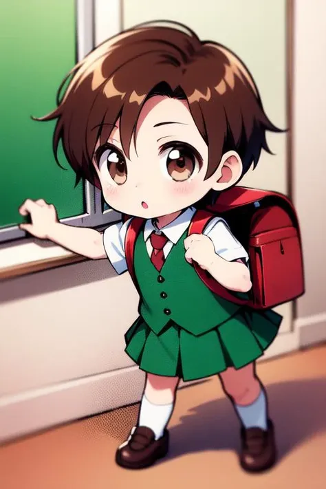 <lora:rokujoumugi:0.8>  rokujoumugi, brown hair, short hair, brown eyes, chibi, toddler, a very young child, 7 years old, classroom,
solo, 1girl, backpack, bag, skirt, short hair, randoseru, necktie, socks, school uniform,  full body, vest
masterpiece, hig...