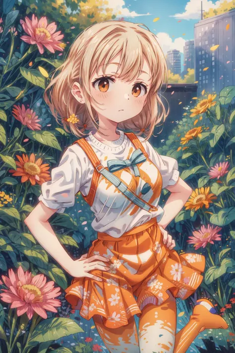 anzu, Orange grid outfit, Gray tights, with flowers, One hand on hip pose, rising the breast, doodle <lora:anzu-idolmaster:0.6> <lora:beauty_eyes:0.7> <lora:add_detail:0.8> <lora:epi_noiseoffset2:0.5> <lora:TUYA5:1>