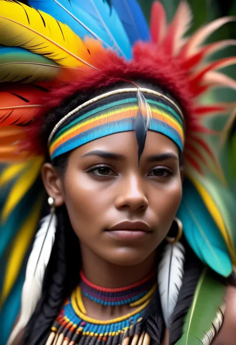 RAW photo, Photorealistic, soft cinematic light, high detail, high quality, highres, bokeh, Nikon, 85mm,
beautiful young black woman brazilian indigenous native shaman, colorful macaw feathers, at the jungle