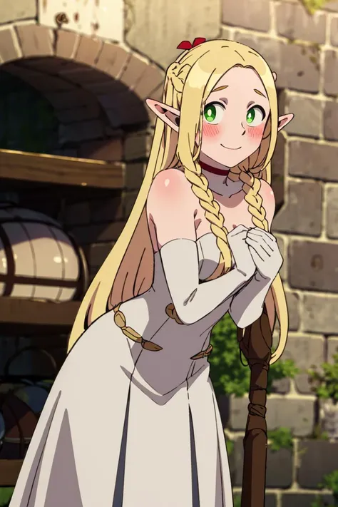 ((masterpiece,best quality)), absurdres, <lora:Marcille_Donato_DungeonMeshi_Screenshots:0.8>, Marcille_Donato_DungeonMeshi,  1girl, solo, blonde hair, long hair, twin braids, elf, pointy ears, green eyes, solo, smile, blush, looking at viewer,   bride, wed...