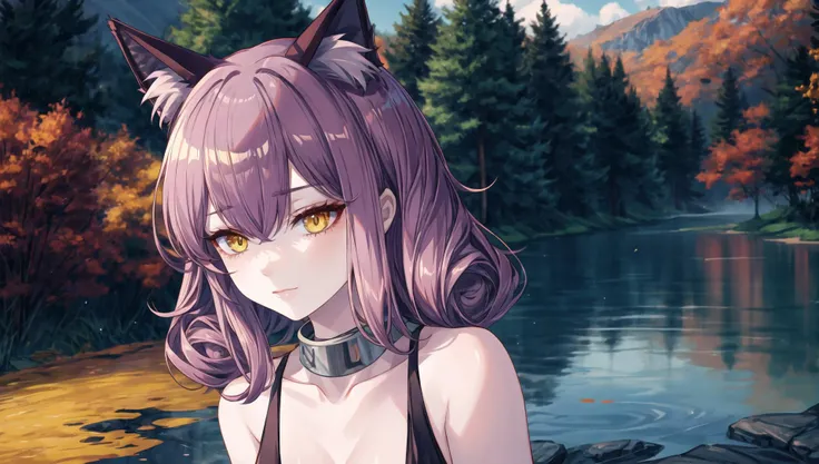 <lora:CHESHIRE_CAT_V1:0.9>,    Cheshire Cat,  metallic chocker,  long hair, medium hair, purple hair, animal ears, cat ears <lora:add_detail:1>  <lora:SheyaStyleV12:0.6>, original, 1girl, (solo), scenery, scene, red trees, forest, lake,  autumn,