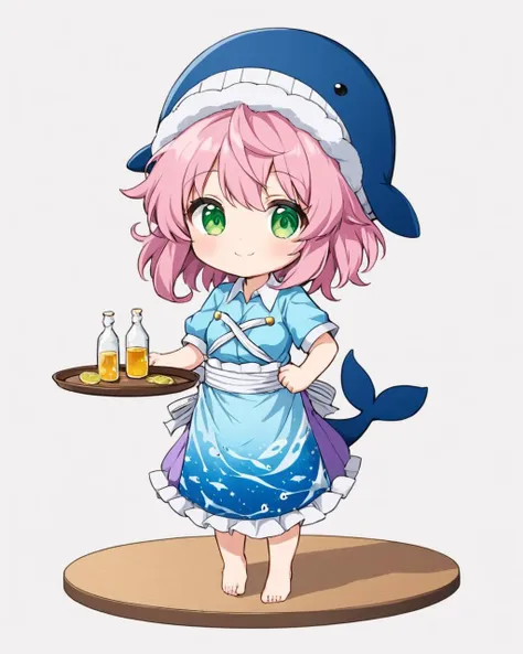 anime girl with a tray of food and a bottle of liquid