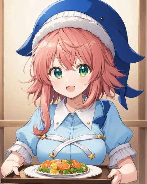 anime girl with a plate of food in front of her