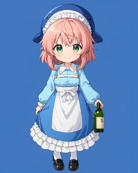 a woman in a blue dress holding a bottle of wine