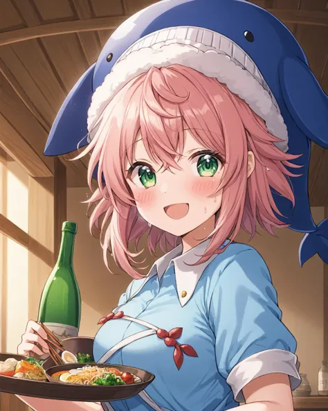 anime girl holding a plate of food and a bottle of wine