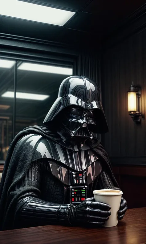 darth vader is sitting at a table with a cup of coffee