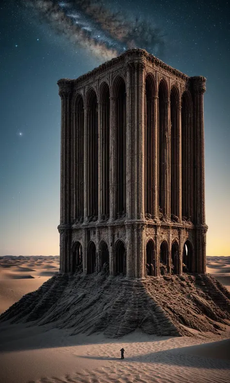 a lone man standing in front of a tall structure in the desert