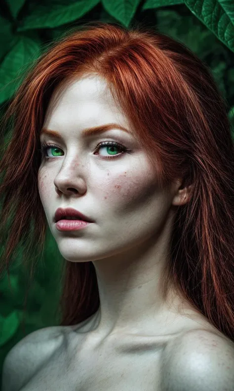 a woman with red hair and green eyes standing in front of leaves