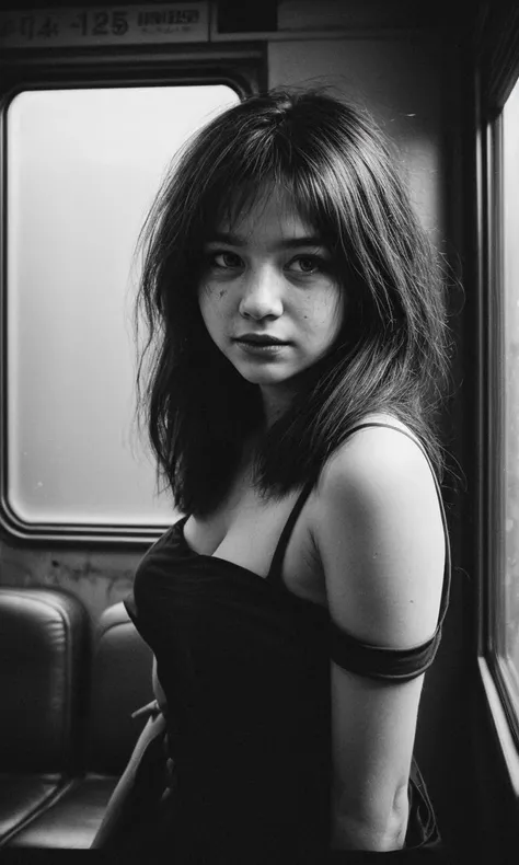 arafed woman in a black dress on a train looking out the window