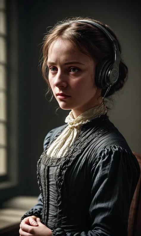 Jane Eyre with headphones, natural skin texture, 24mm, 4k textures, soft cinematic light, adobe lightroom, photolab, hdr, intricate, elegant, highly detailed, sharp focus, ((((cinematic look)))), soothing tones, insane details, intricate details, hyperdeta...