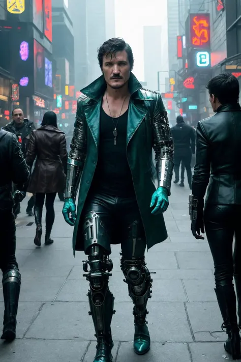 a man in a green leather jacket and black pants standing on a street