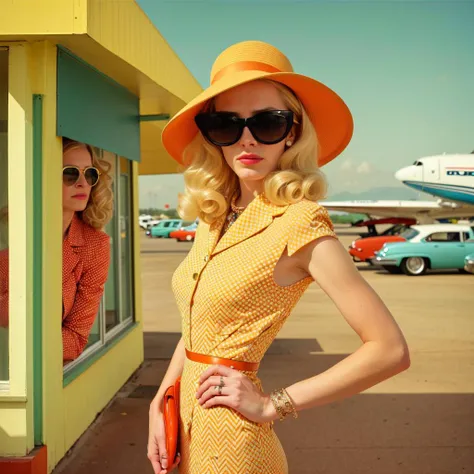 blond woman in a yellow dress and hat standing in front of a yellow building