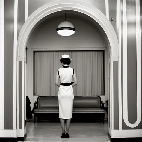 Photography of a {Elliott Erwitt, harsh contrast, cinematic view, Alexander McQueen Photography show in the style of Mary QUAN and wes anderson, art by Vivian Maier, art deco woman girl, art deco, bauhaus, jean giraud minimalistic fashion show, cinema, hps...