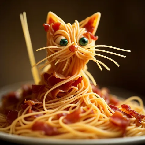 a close up of a plate of spaghetti with a cat head on top