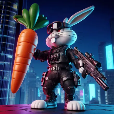 a close up of a toy rabbit holding a carrot and gun