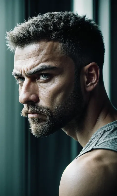 a close up of a man with a beard and a shirt