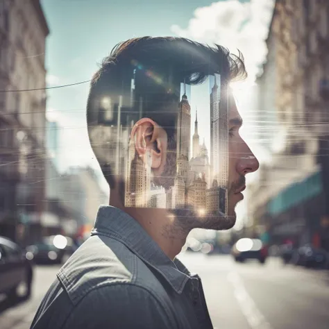 Photography of a {double exposure de hombre con ciudad}, highly detailed, instagram flickr, sharp focus, canon 5d f16.0 style, natural lighting, ultra-realistic