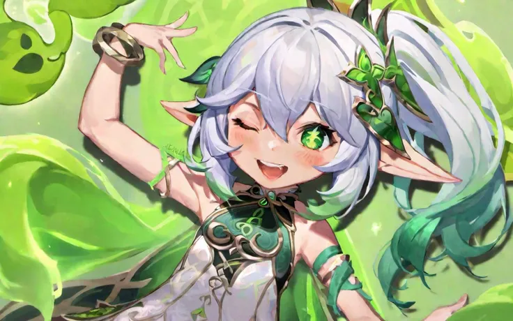 anime girl with green eyes and green hair holding a green leaf