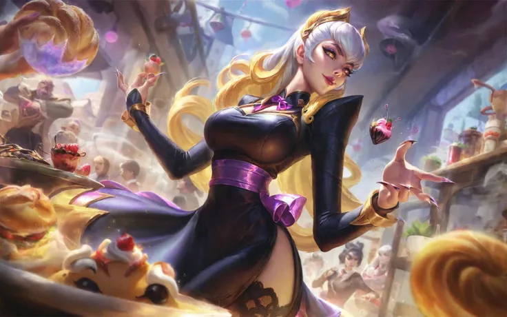 best aesthetic, lolsplashart, perspective, league of legends,evelynn cafe cuties, 1girl, solo, long hair, white hair, yellow hair, black hair, large breasts, dynamic pose, dress,long sleeves,hair ornament,