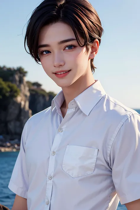 (best quality:1.4),(masterpiece:1.4),solo,smile,blue eyes,simple background,shirt,black hair,1boy,sky,sea,white shirt,upper body,male focus,collared shirt,thick eyebrows,