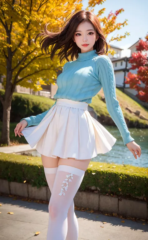 a close up of a woman in a skirt and tights posing