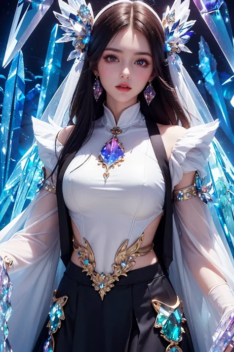 (best quality:1.4),(masterpiece:1.4),(ultra high res, raw photo:1.4),(hdr, hyperdetailed:1.2),fashion photo of a beautiful girl in the style of neomorphism,the transformation of minerals into polymorphs,(glowing crystals:1.4),(crystals clothes:1.8),hyperde...