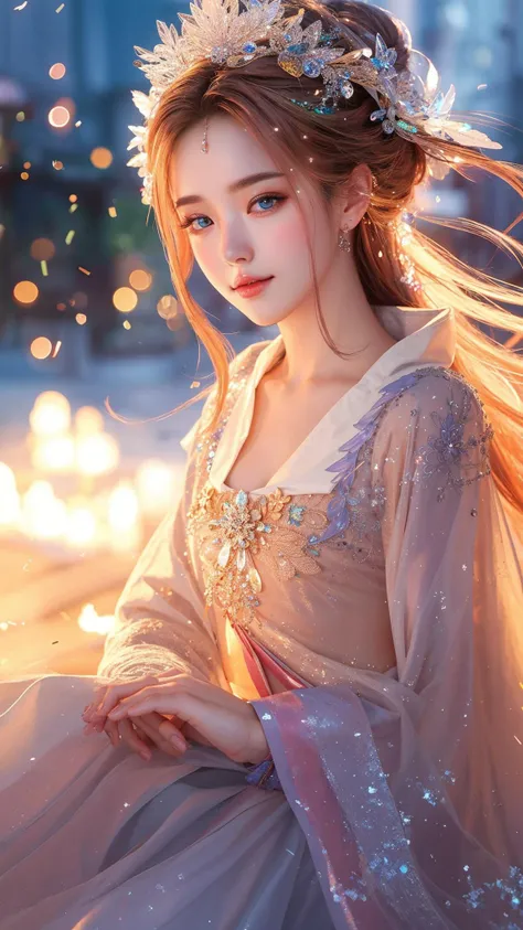 masterpiece,best quality,depth of field,aesthetic,
1girl,andetailedorgandiedress,sitting,burninghair,crystalstextureHair,Iridescence hair,watercolor_(medium),largetopsleeves,Floatingwhitesilk,no shoe,star hair ornament,Many ice cubes surround the girl,icea...