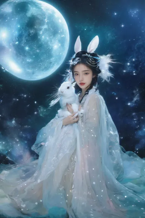 a woman in a white dress holding a white rabbit in front of a full moon