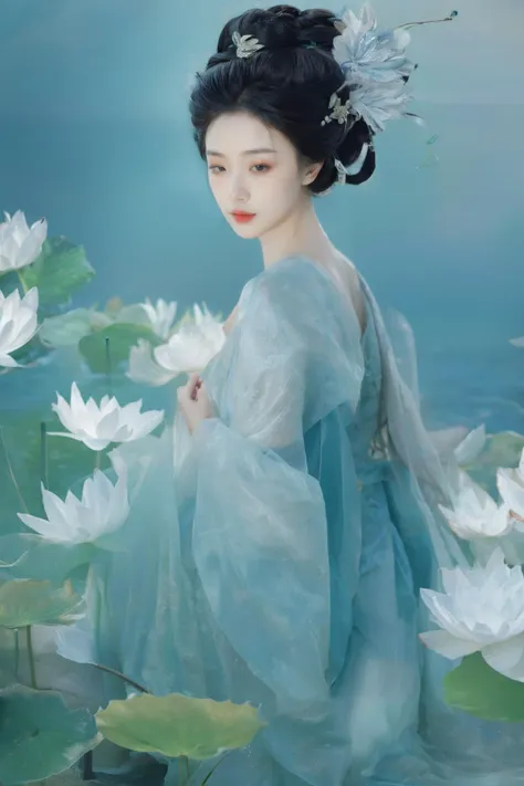 a woman in a blue dress standing in a pond of water