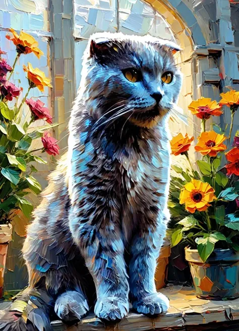 painting of a cat sitting on a ledge next to a potted plant