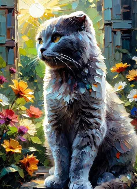 painting of a cat sitting in a garden with flowers