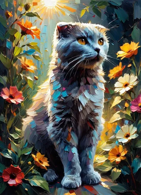 a painting of a cat sitting in a garden with flowers