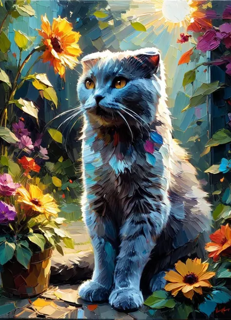 a painting of a cat sitting in a garden with flowers