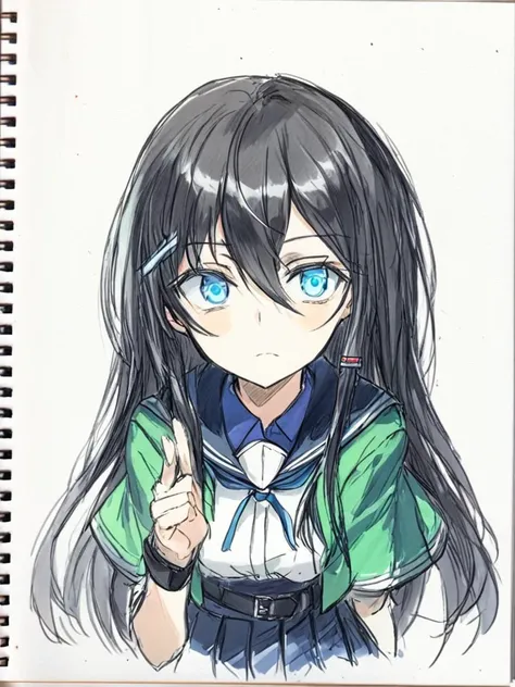 <lora:caogao:1>,sketch, long hair, blue eyes, black hair, hair ornament, hairclip, mature female, slanted eyes, narrow eyes,BREAK skirt, school uniform, jacket, pleated skirt, thigh strap, capelet, green jacket,BREAK looking at viewer,BREAK indoors, classr...