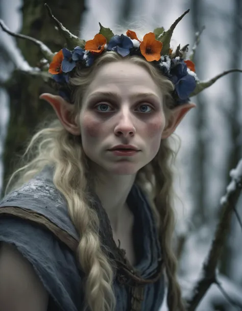 <lora:Wendy Froud Style:1> (wendy froud style), (cinematic movie still of a sad fat blonde elegant elf woman, wearing petals, flower crown, colored skin:1.2), 
BREAK (standing in a winter forest, snow:1.2), 8k UHD, detail, (atmospheric:1.1) (sharp focus:1....