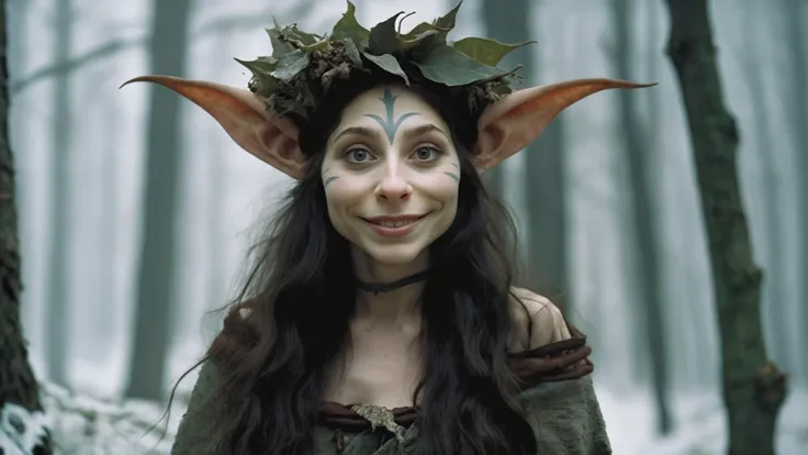 <lora:Wendy Froud Style:1> ([wendy froud style : brian froud style:0.5]:1.1), (cinematic movie still of a happy lithe dark hair elegant elf woman, wearing leaf dress flower crown:1.2), 
BREAK (standing in a winter forest, snow:1.2), 8k UHD, detail, (atmosp...