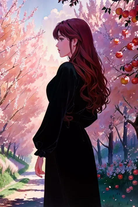 anime girl in black dress standing in a park with cherry trees