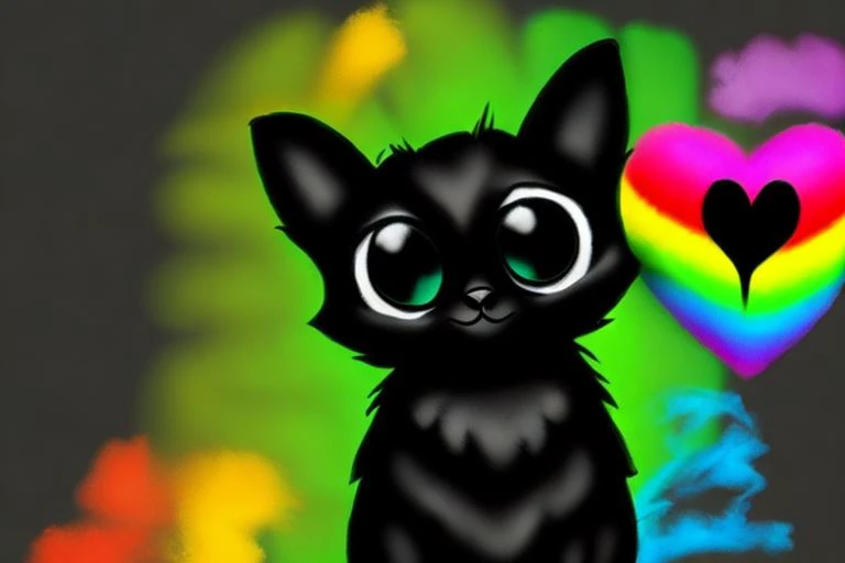 A black and white cat, background is a colorful rainbow smoke, (holding a heart with english text "404"):1., cartoon