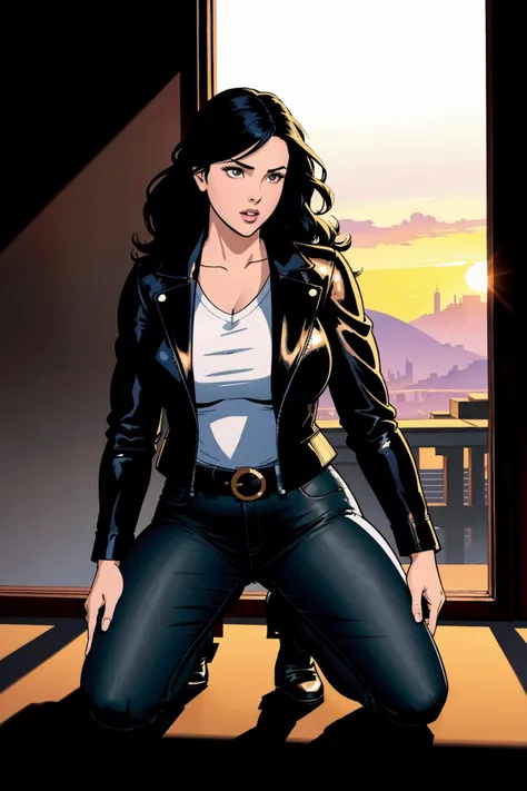 a woman in a black jacket and jeans is standing in front of a window